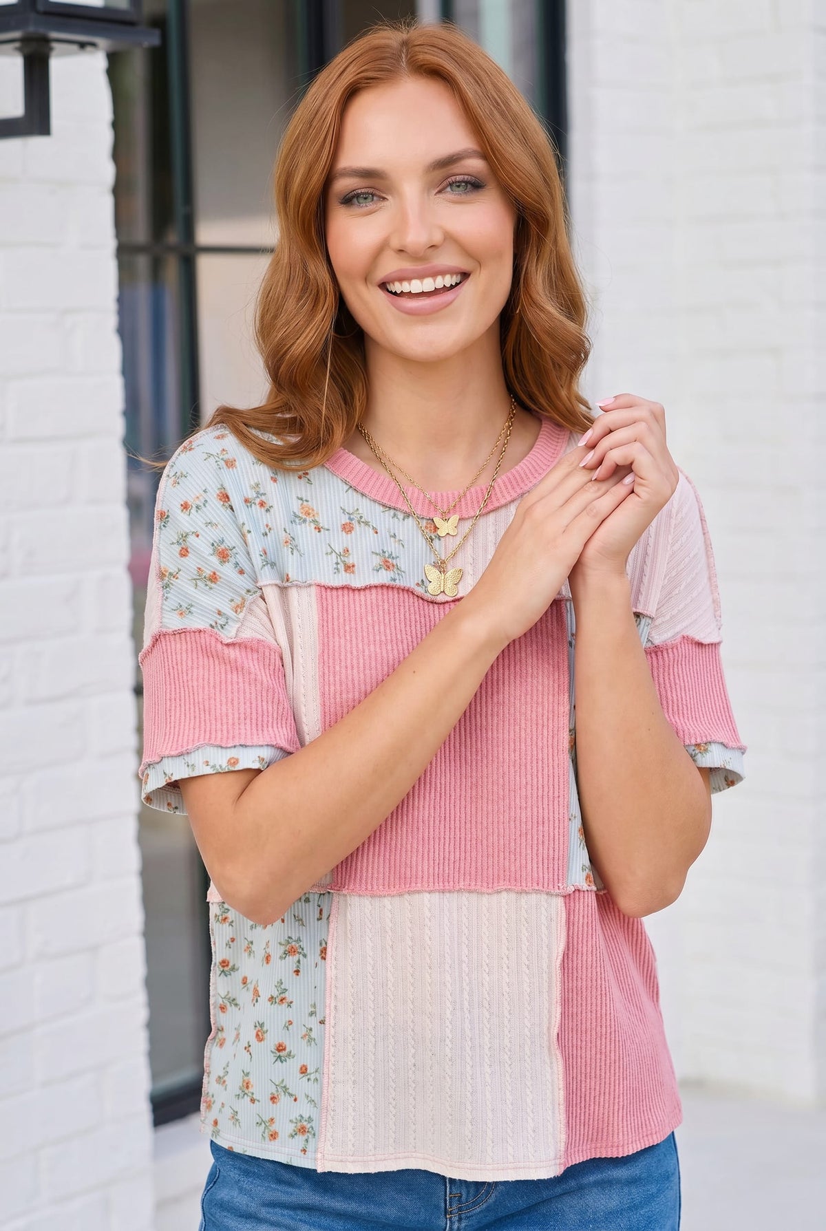 Haptics Patchwork Floral Ruffle Top in Pink and Blue
