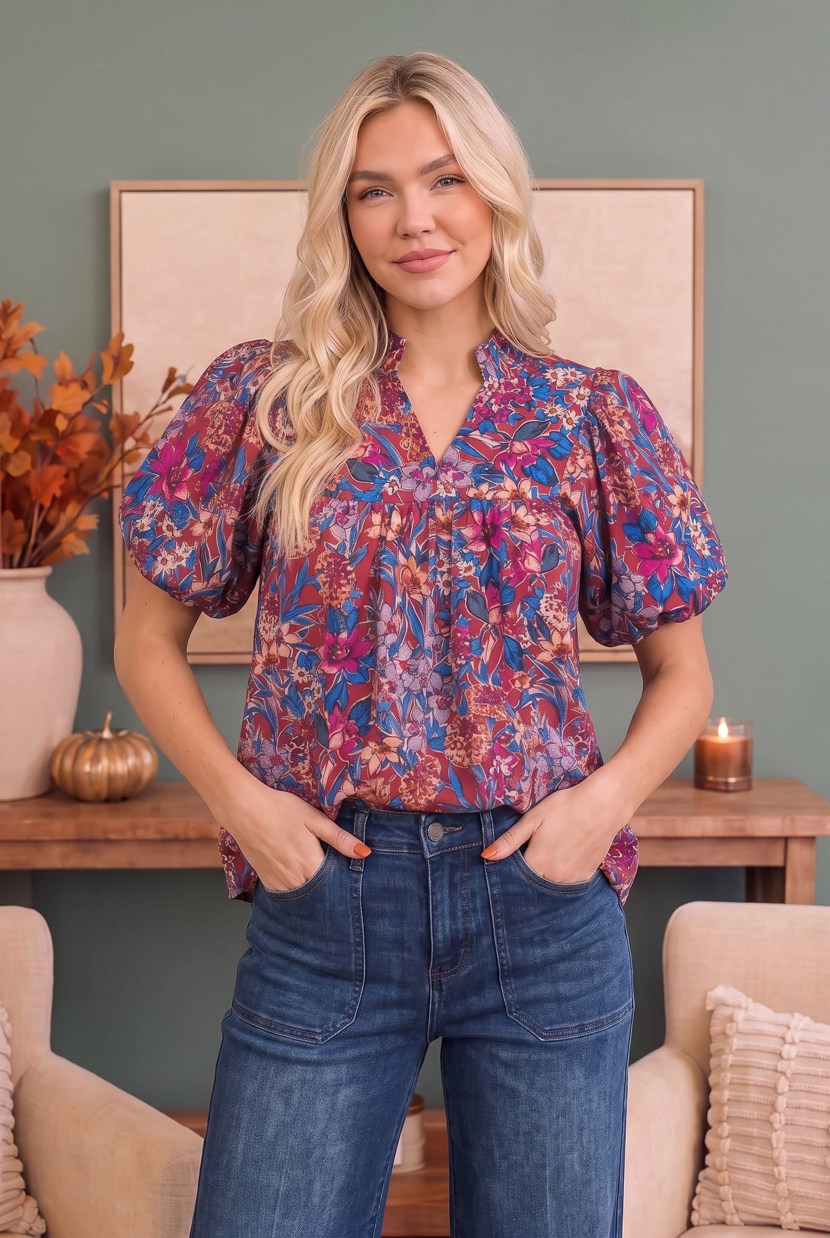 Haptics Blooming Beautifully Floral Puff Sleeve Top