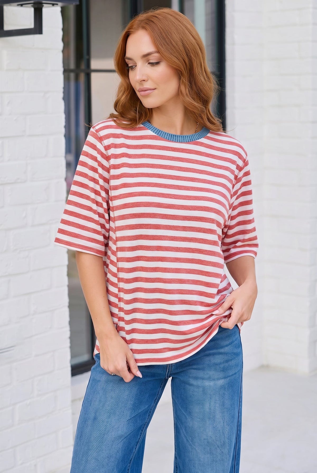 Haptics Retro Stripe Oversized Tee with Contrast Ribbed Neck