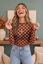Haptics Spooky Checkered Pumpkin Mesh Long Sleeve Top Tops