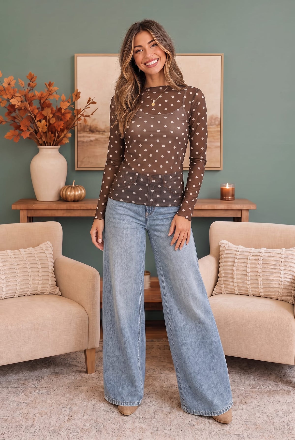 Haptics Dotted Dreams Sheer Mesh Mock Neck Top Tops