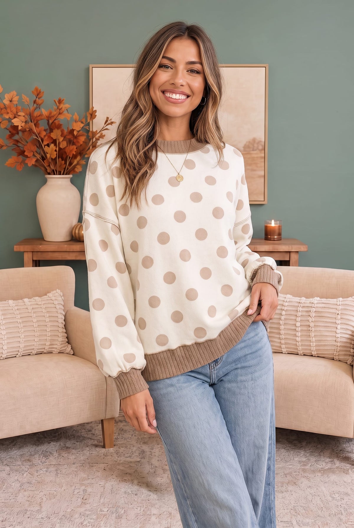 Haptics Dotted Daydream Polka Dot Pullover Top Sweatshirts