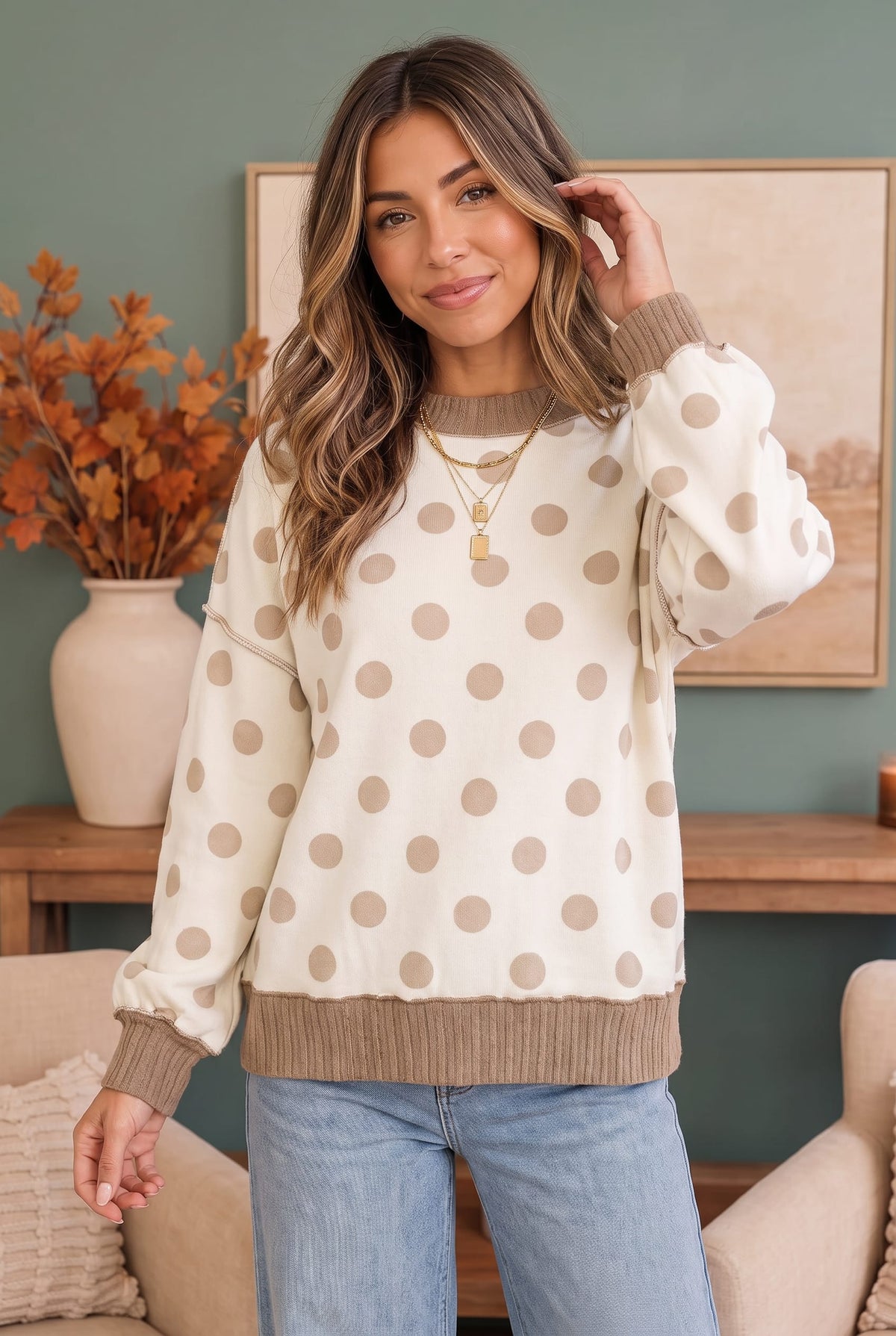 Haptics Dotted Daydream Polka Dot Pullover Top L Sweatshirts