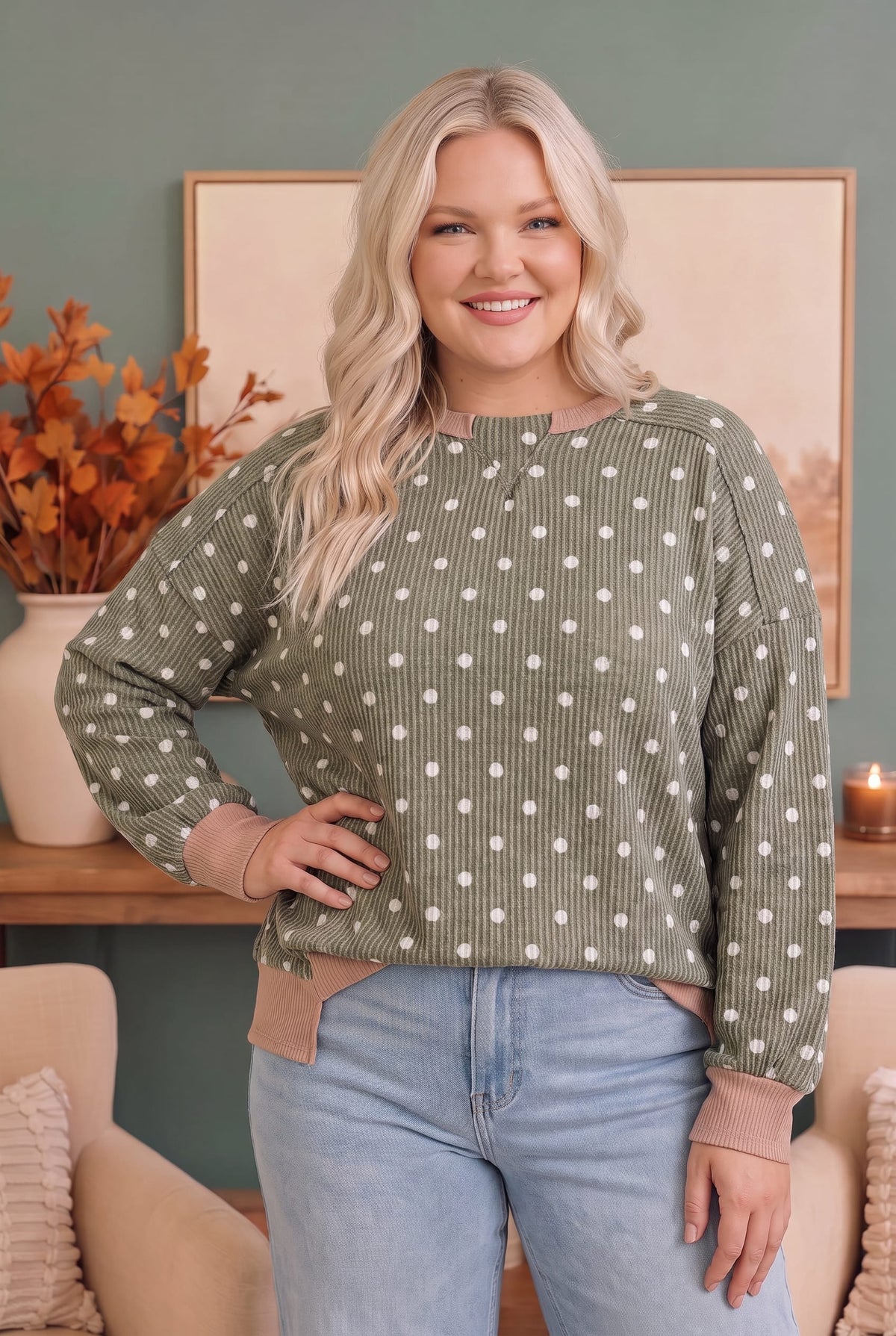 Haptics Cozy Dots Ribbed Pullover in Olive