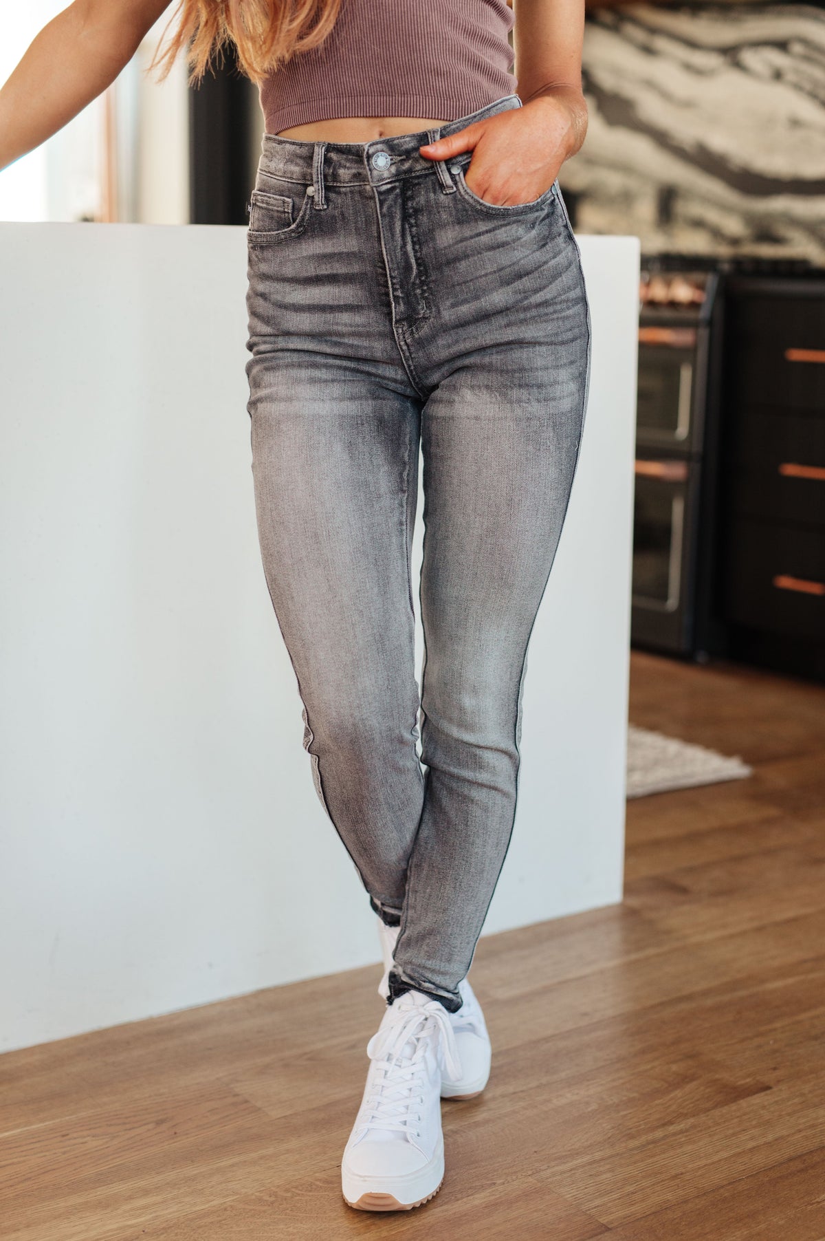 Judy Blue Hadley High Rise Tummy Control Release Hem Skinny Jeans In Washed Out Gray Womens