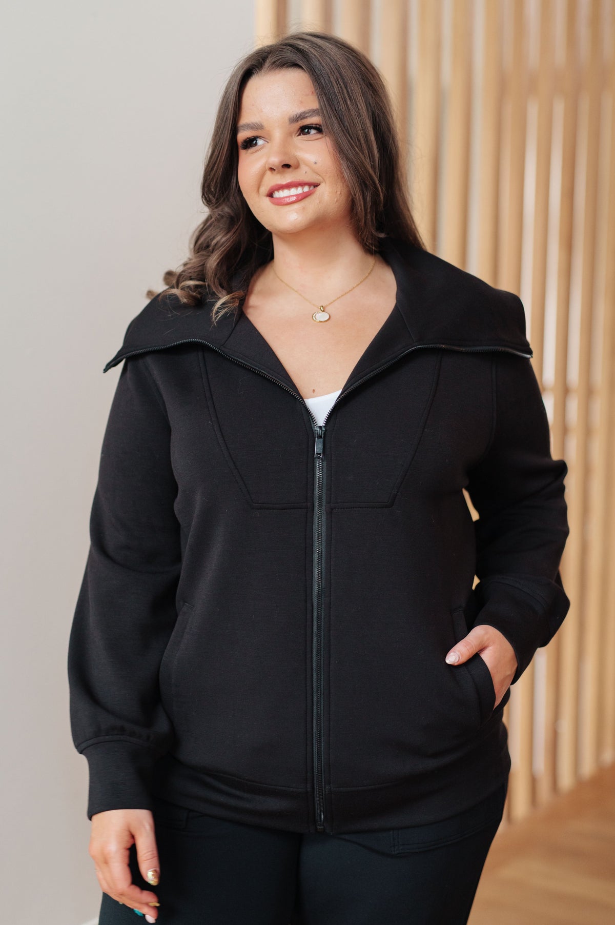 Rae Mode Handle That Micro Modal Scuba Knit High Neck Zip Up Black Jacket Layers