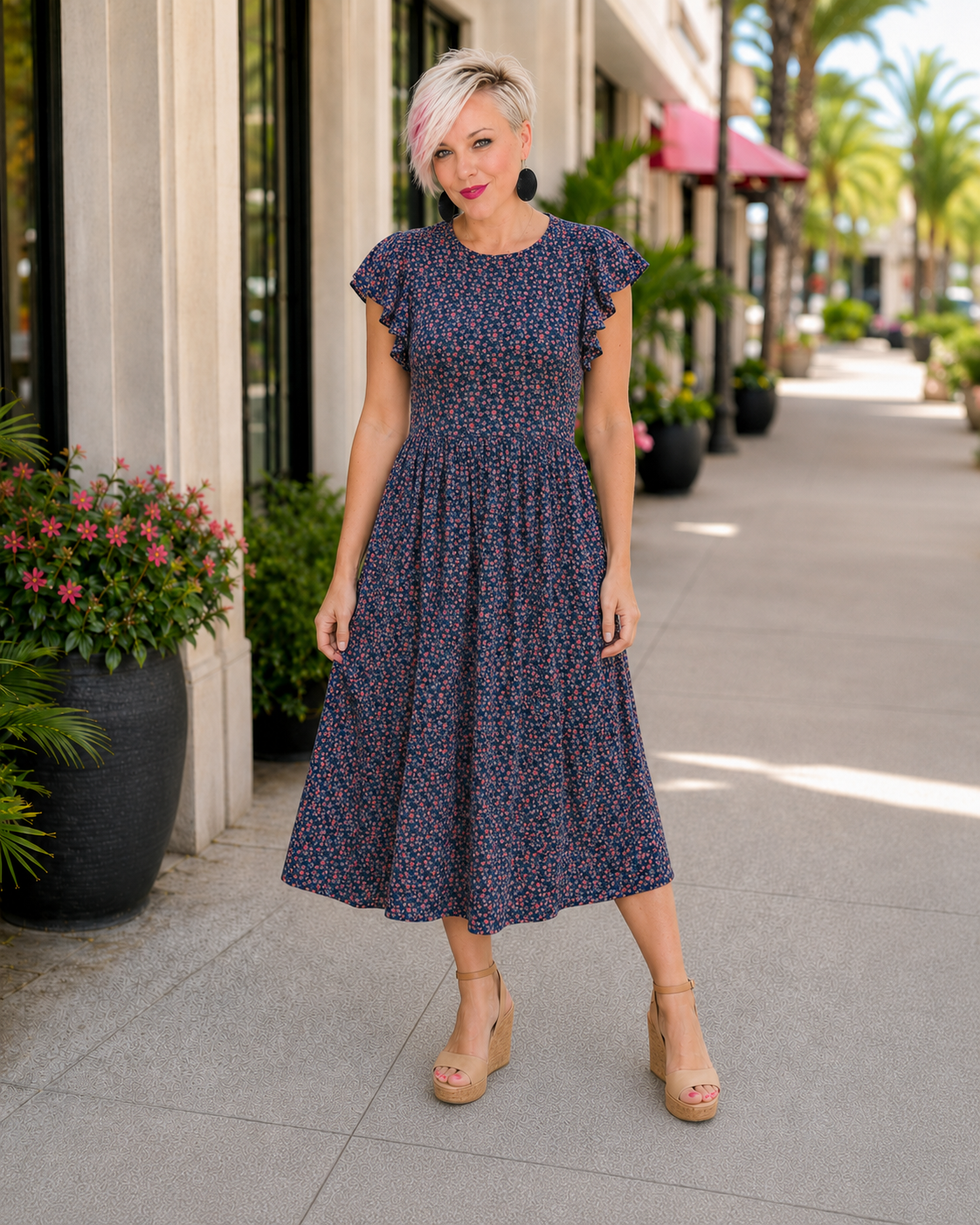 Haptics Black Floral Flutter Sleeve Midi Dress