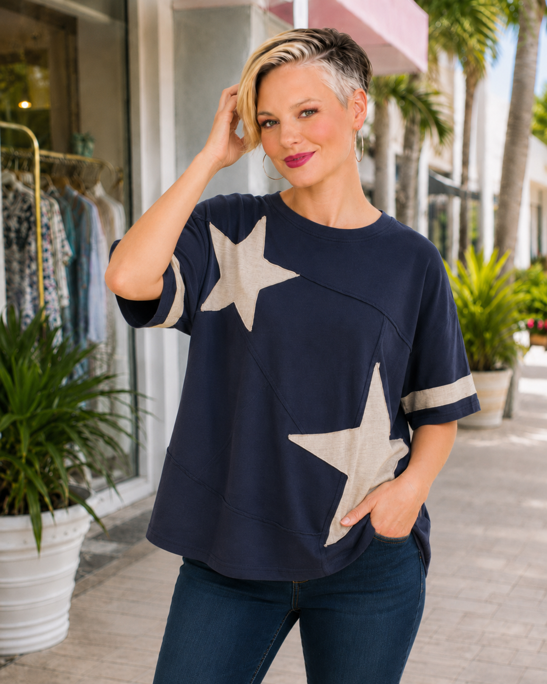 Haptics Star Power Patchwork Cotton Blend Slub Knit Navy Tee