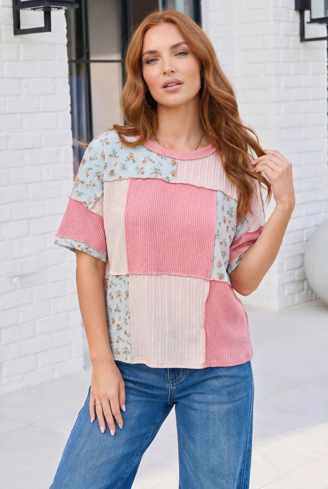 Haptics Patchwork Floral Ruffle Top in Pink and Blue
