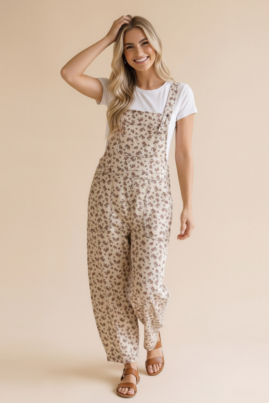 Haptics Wildflower Fields Floral Barrel Leg Suspender Overalls