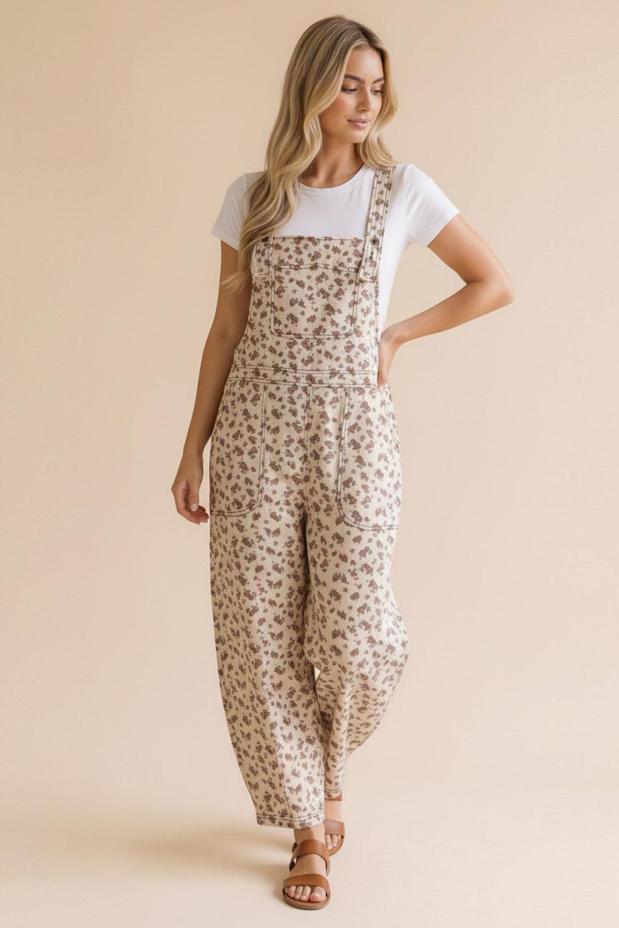 Haptics Wildflower Fields Floral Barrel Leg Suspender Overalls