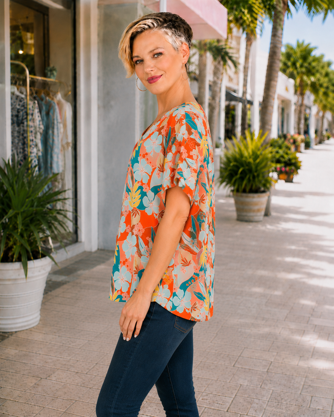 Haptics Lei Me Down Drop Shoulder Hawaiian Woven Top Womens