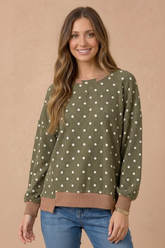 Haptics Cozy Dots Ribbed Pullover in Olive