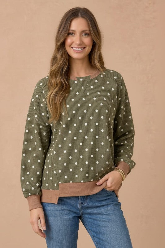 Haptics Cozy Dots Ribbed Pullover in Olive