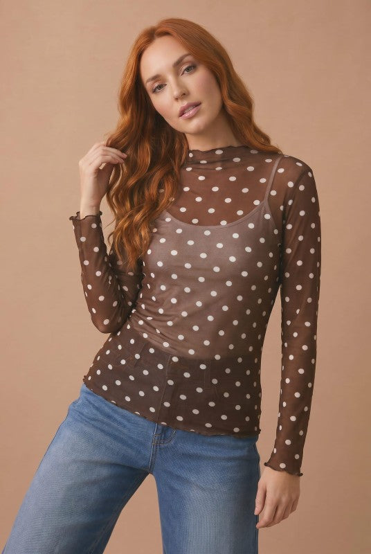 Haptics Dotted Dreams Sheer Mesh Mock Neck Top Tops