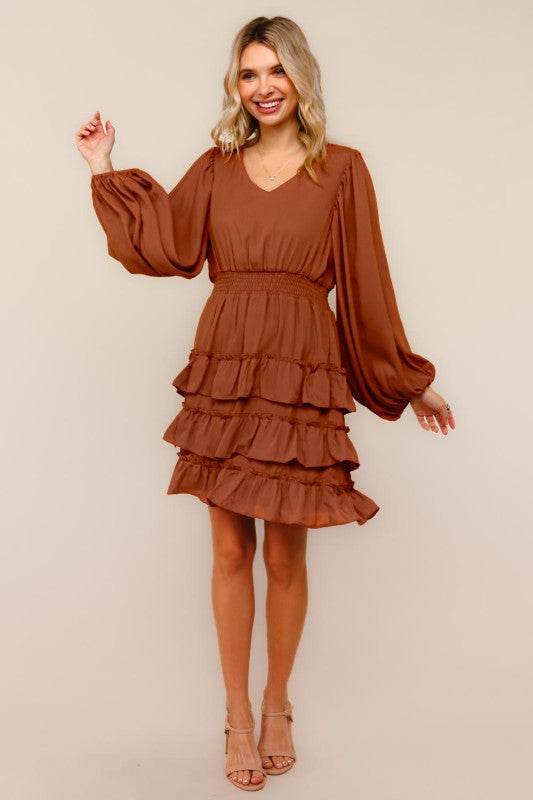 Haptics Ruffle Dreams Dress in Rust Brown Dresses