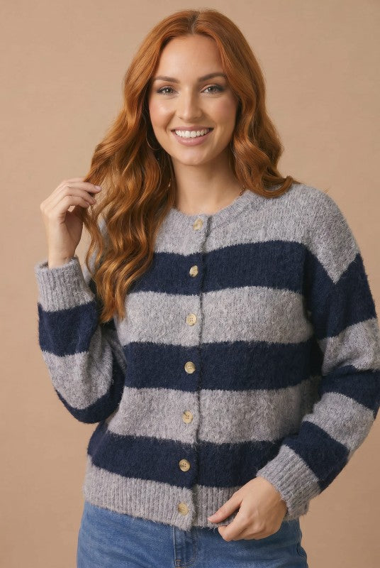 Haptics Cuddle Up Button Fuzzy Cardigan in Glacier & Navy