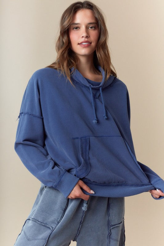 Fantastic Fawn Hide and Seek Washed Cowl Neck Pullover in Blue