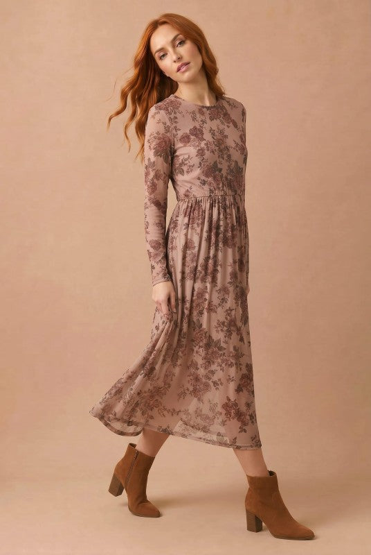 Haptics Rosewood Dreams Floral Mesh Midi Dress Dresses