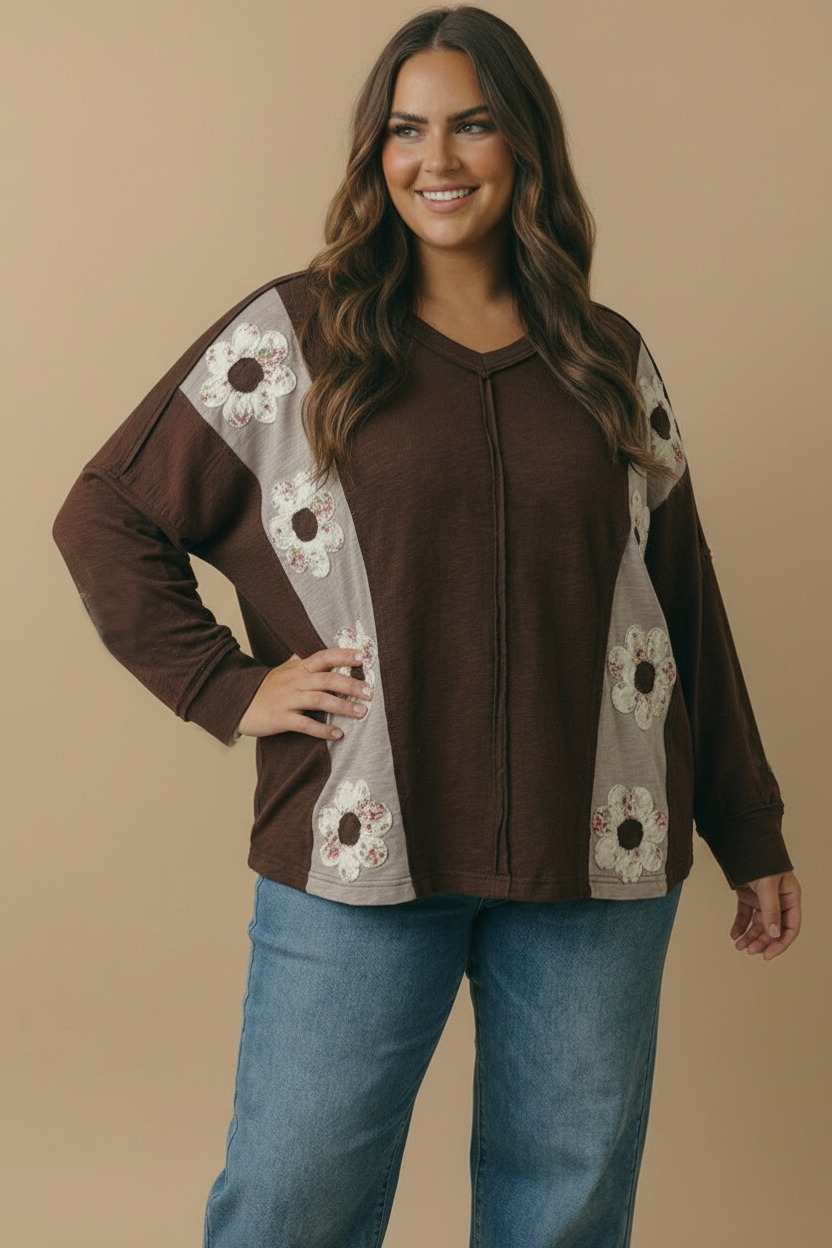Haptics Darling Daisies Long Sleeve in Brown Tops