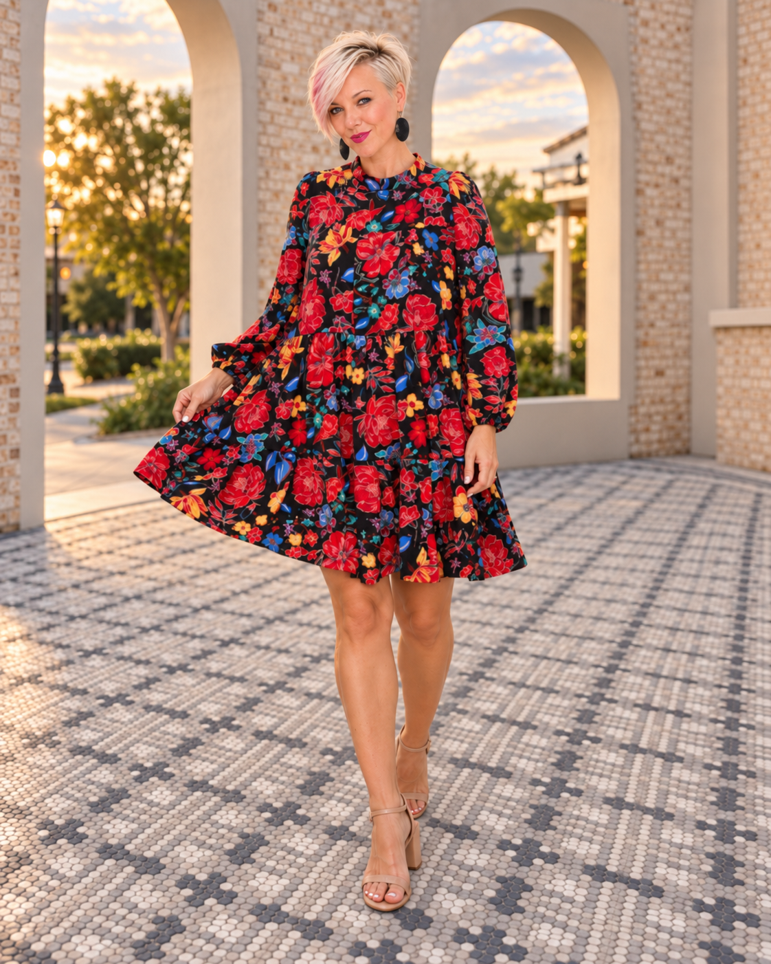 Haptics Bold Blooms Long Sleeve Tiered Mini Dress Dresses