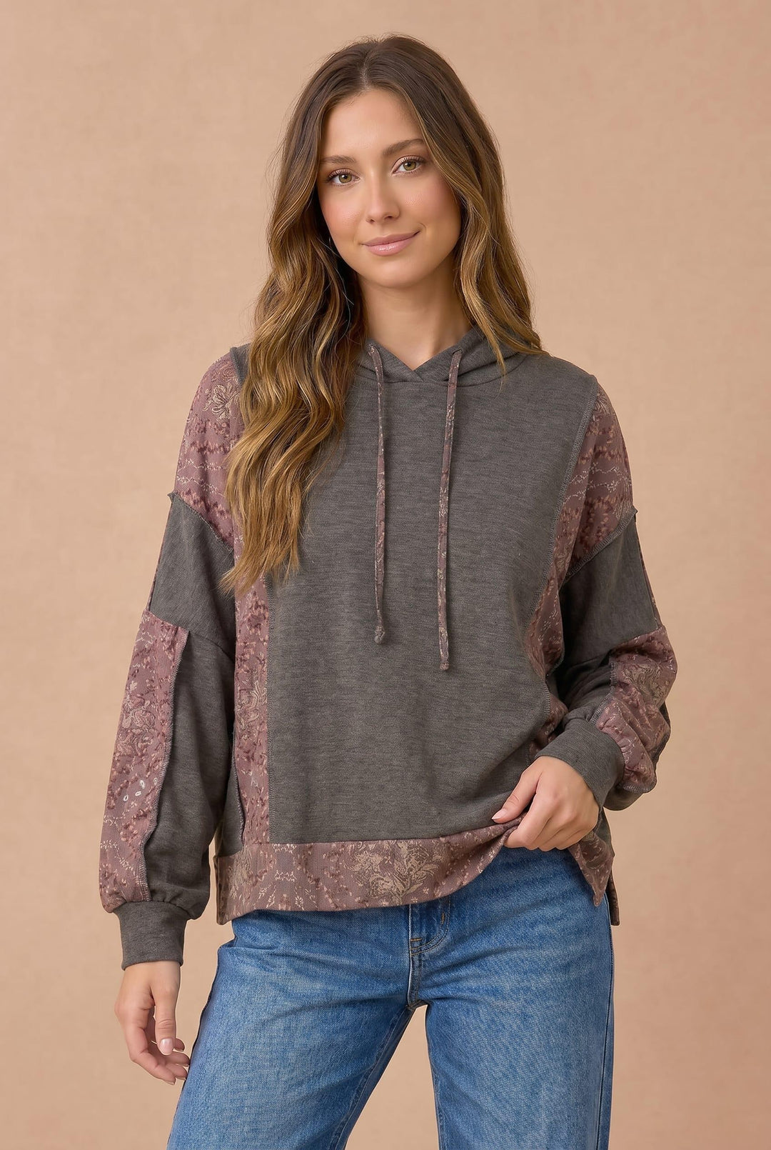 Haptics Mix and Match Patchwork Drawstring Hoodie Sweatshirts