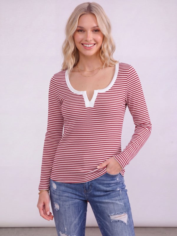 7th Ray Here, There, Everywhere Split Neck Top in Burgundy Womens