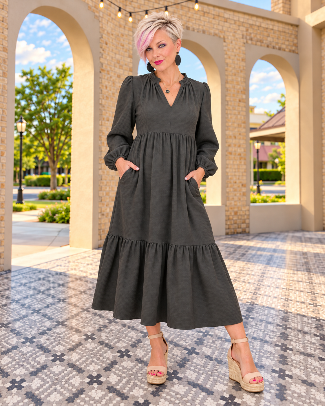 Haptics Every Single Touch V-Neck Tiered Maxi Dress in Ash Womens