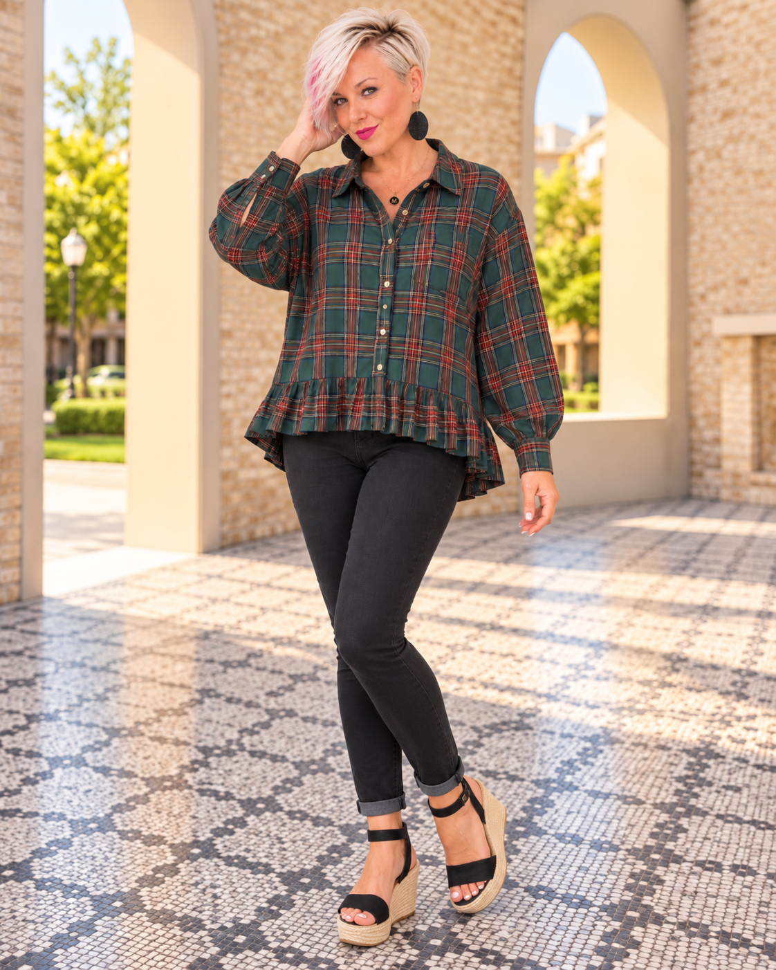 Haptics Ruffle the Rules Plaid Flannel Top in Green Tops