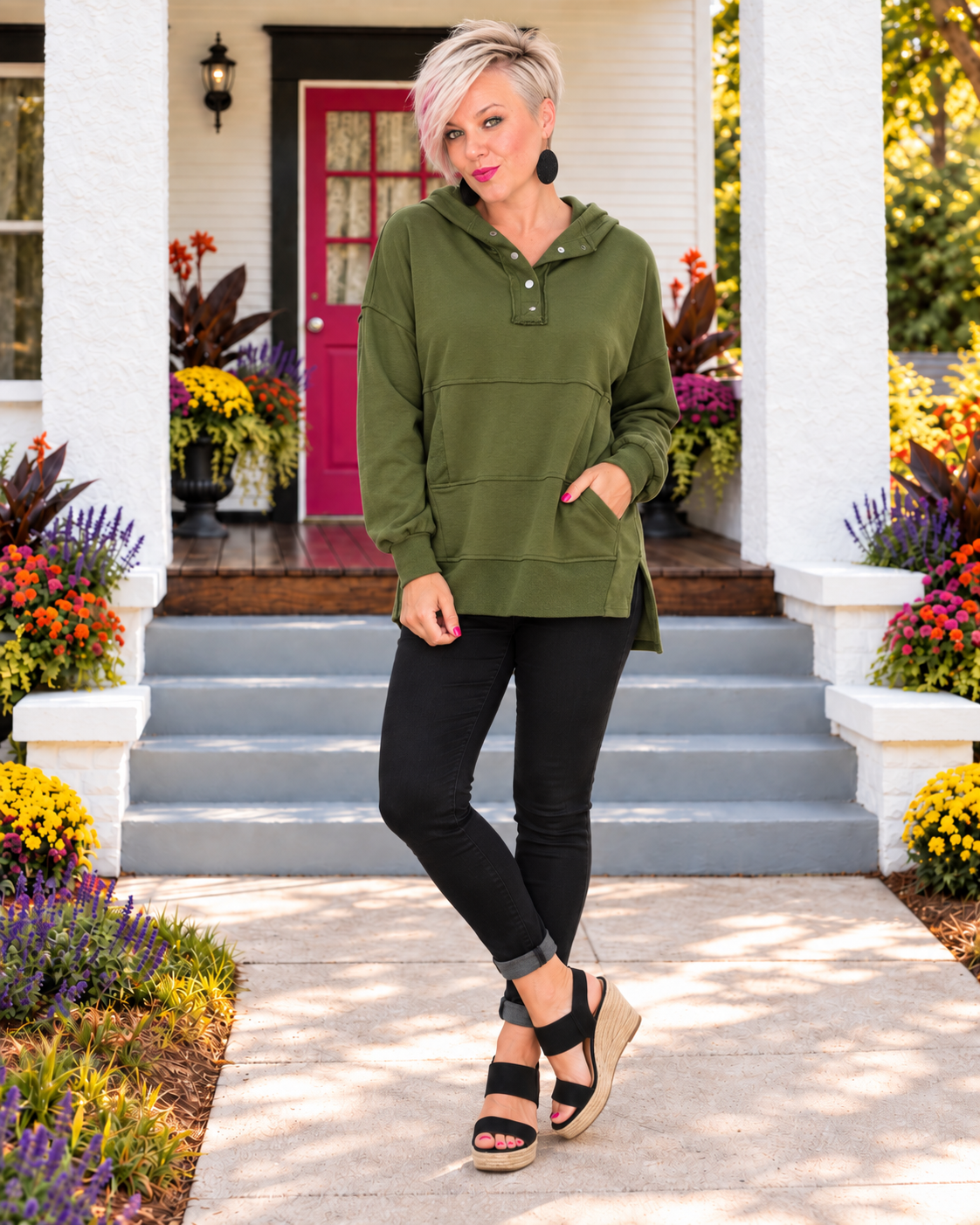 Haptics Simple Snug Snap Hooded Pullover Tops