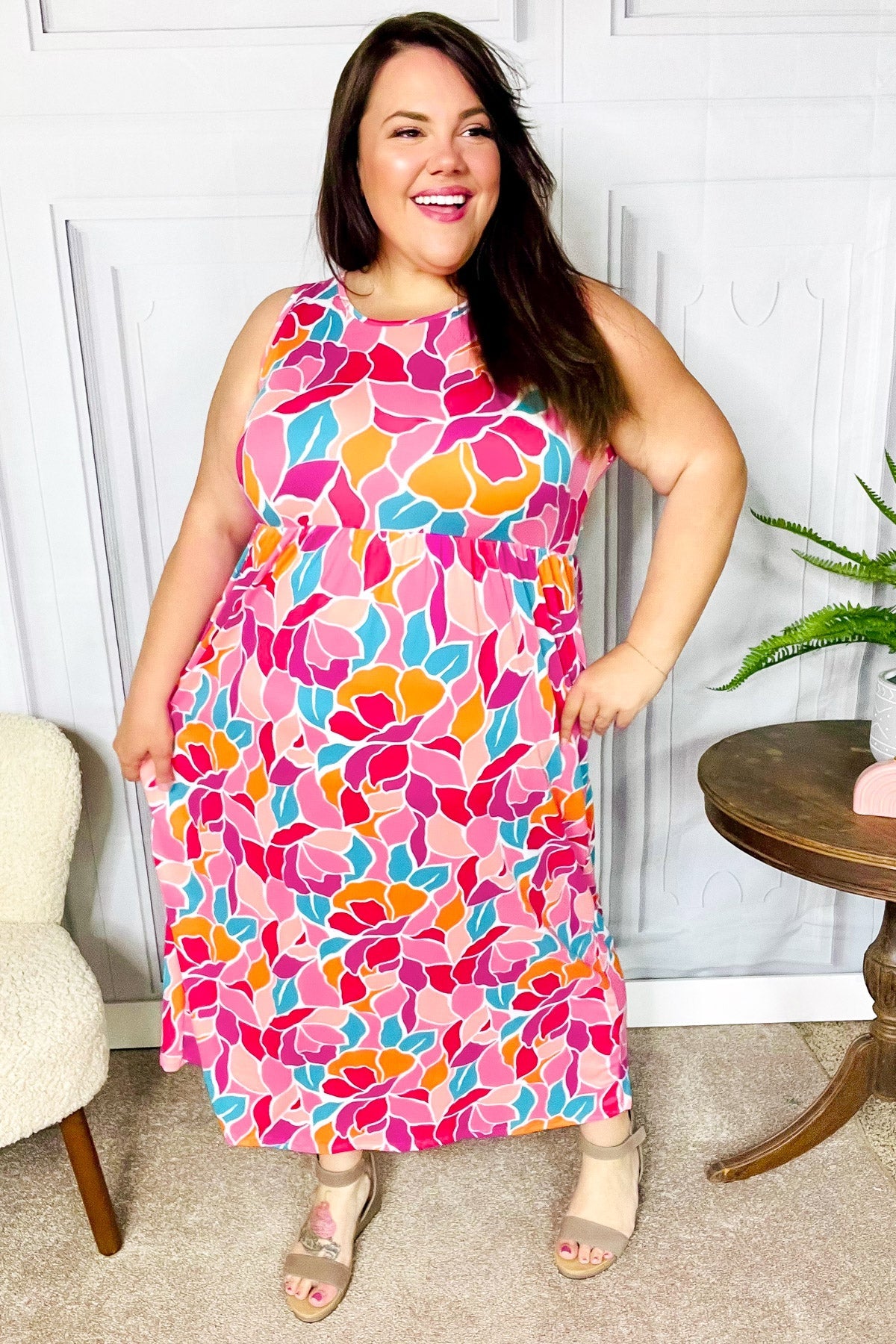 Haptics Hello Beautiful Fuchsia Abstract Floral Fit & Flare Maxi Dress Final Sale