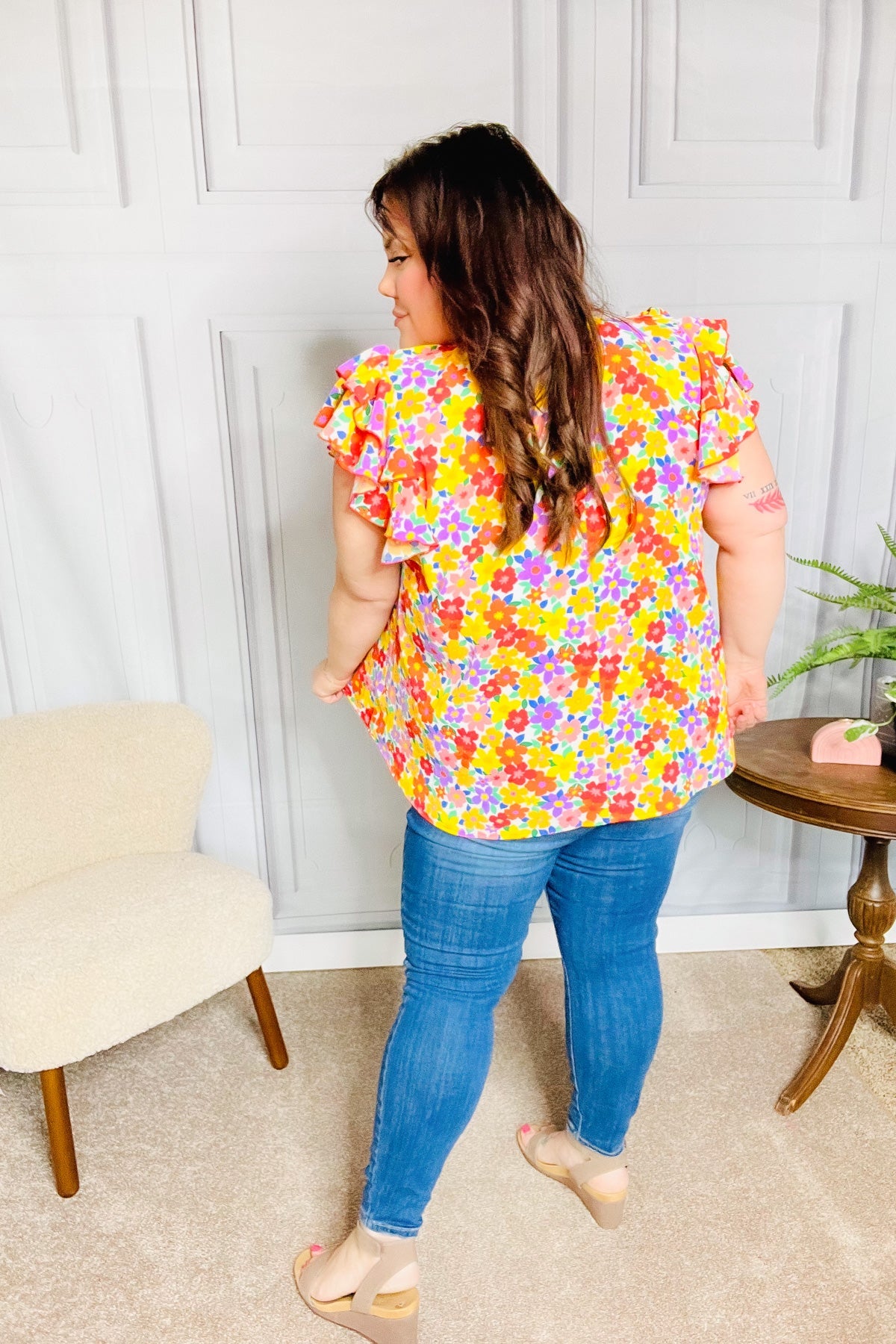 Haptics Flower Power Ivory & Red Floral Mock Neck Flutter Sleeve Top Final Sale