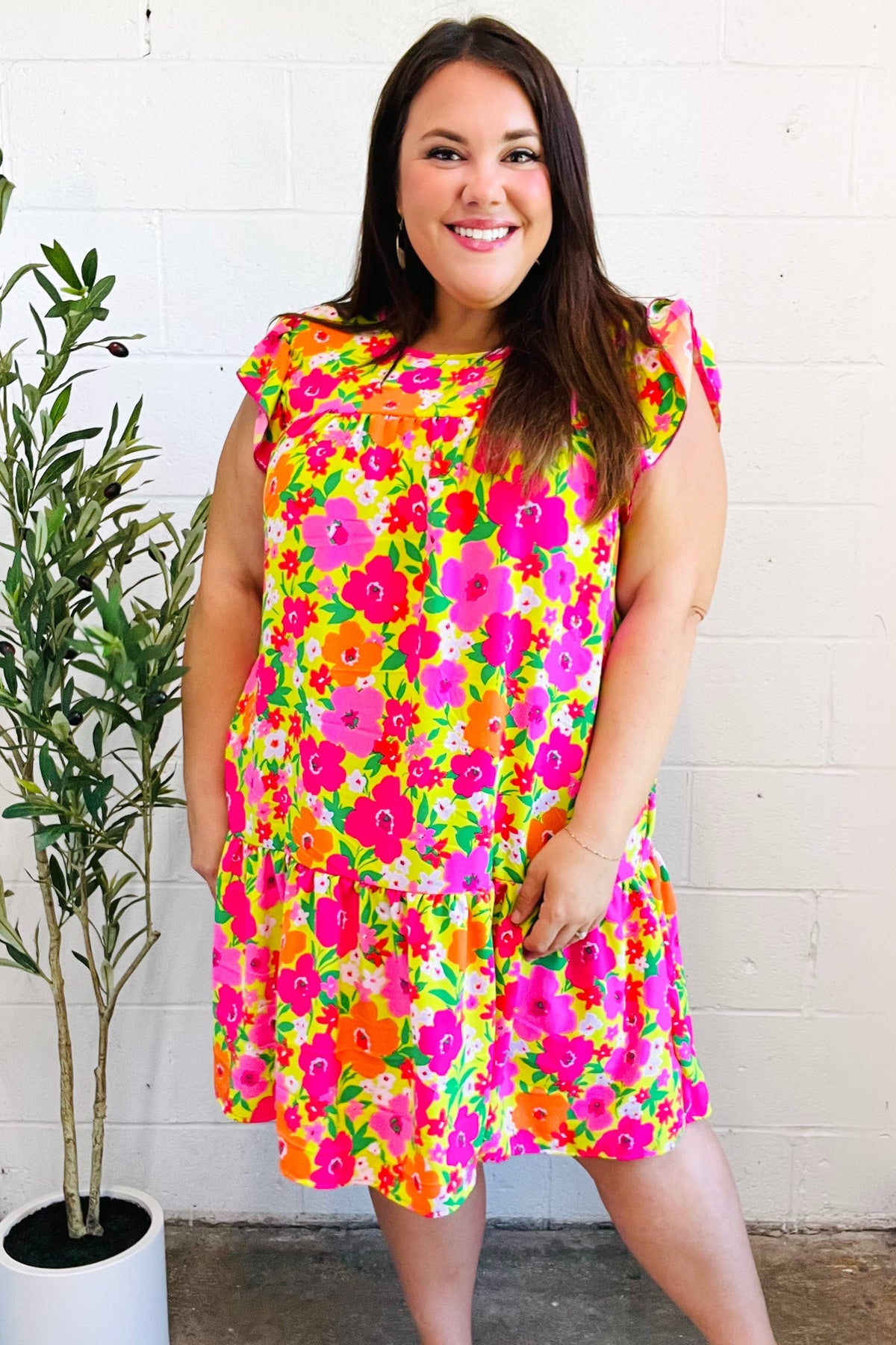 Haptics Be Charming Lime & Pink Floral Print Tiered Ruffle Sleeve Dress Dresses