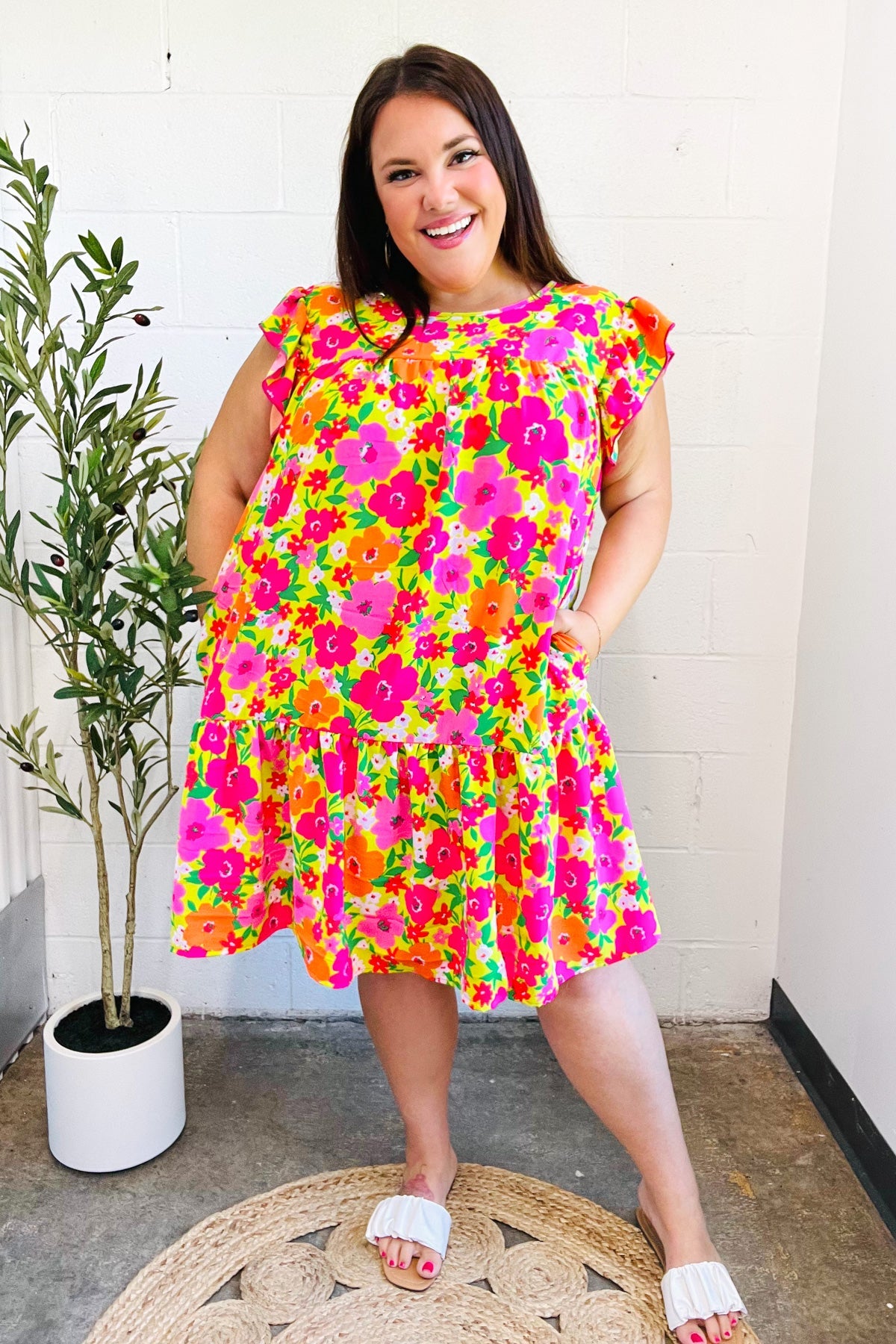 Haptics Be Charming Lime & Pink Floral Print Tiered Ruffle Sleeve Dress Dresses