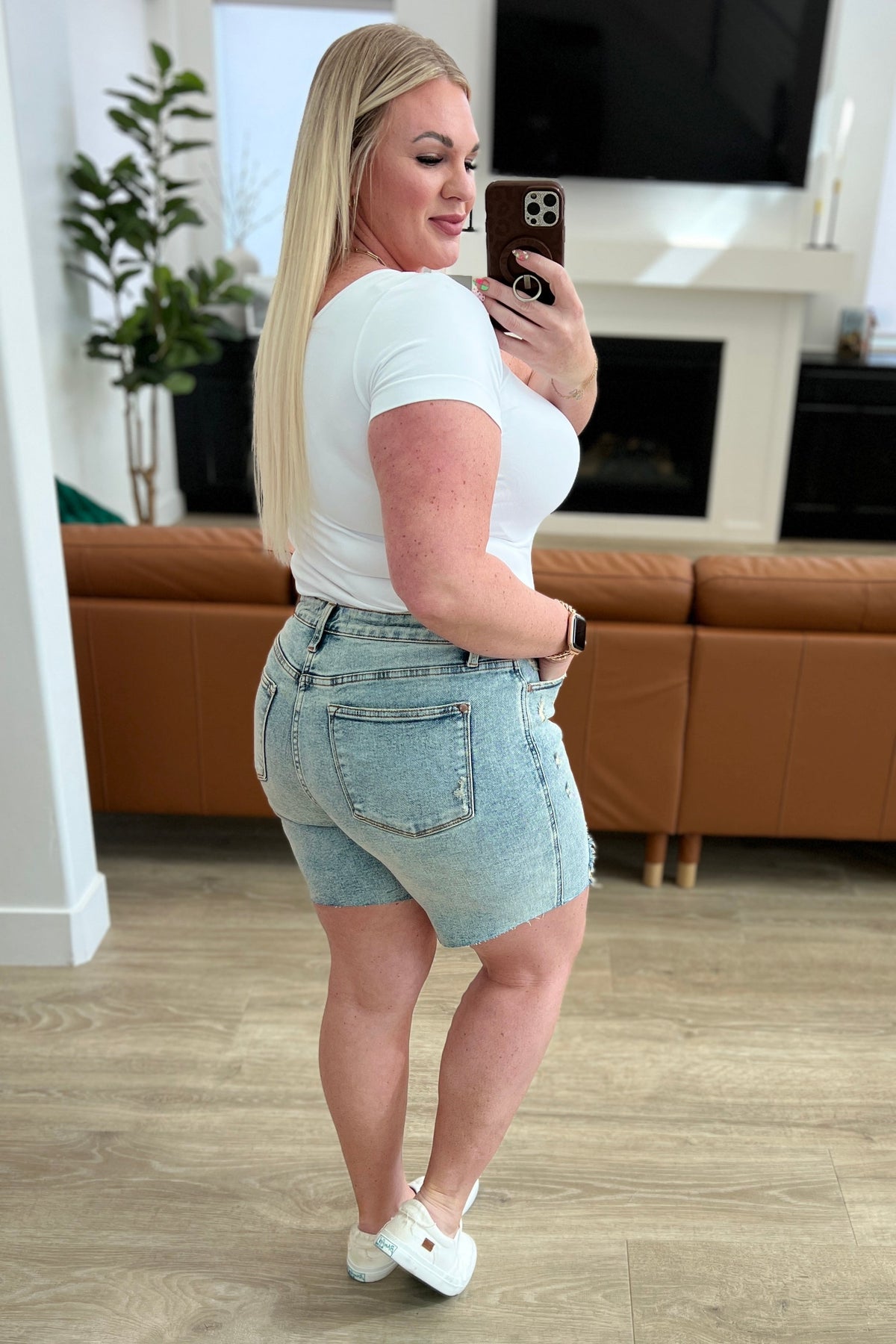Judy Blue Cindy High Rise Mineral Wash Distressed Boyfriend Shorts Denim