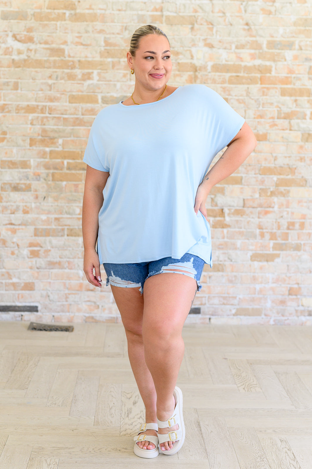 A. gain I'll Fly Away Round Neck Relaxed Jersey Knit Top in Light Blue Tops