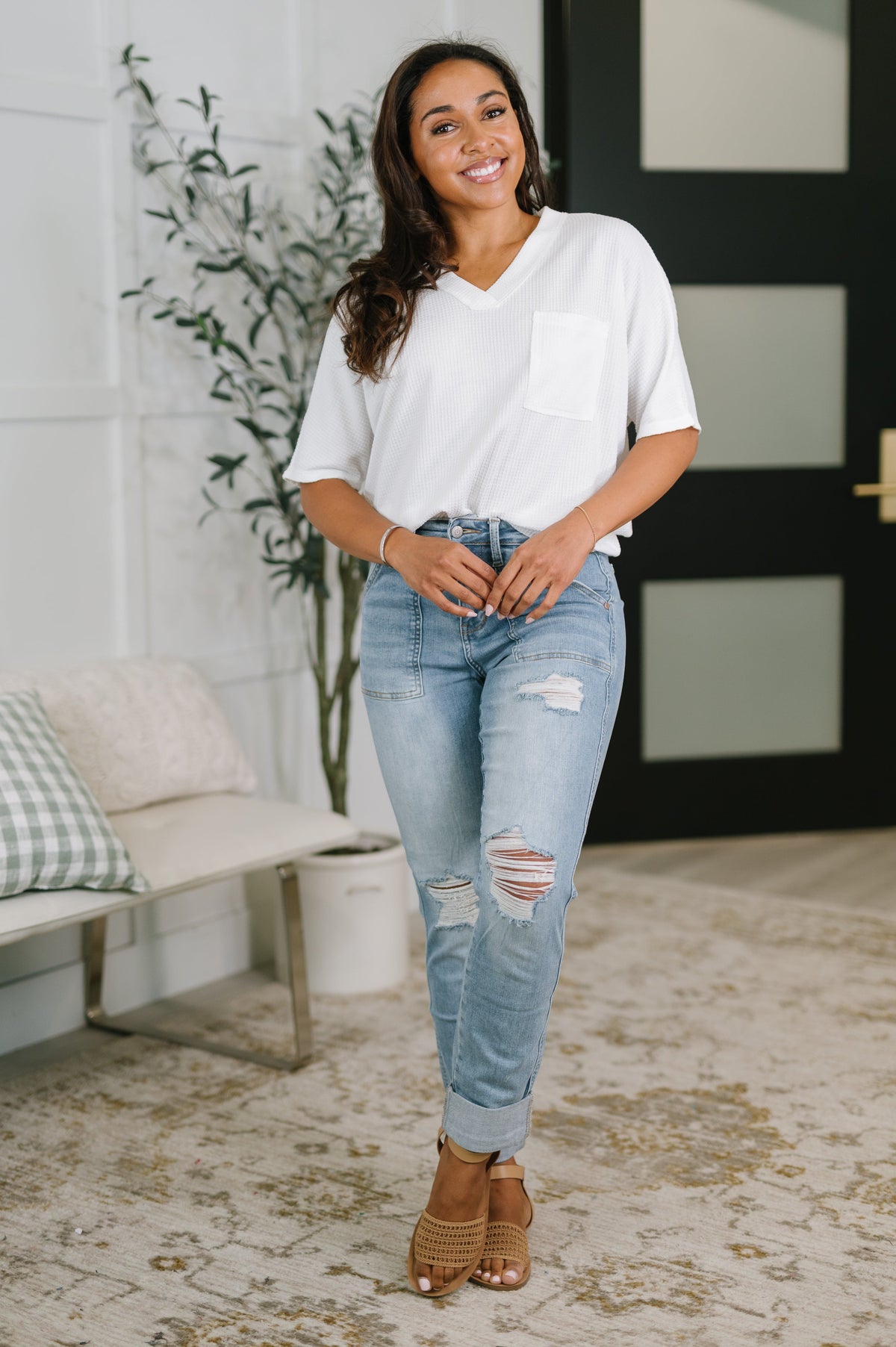 Judy Blue Aiden High Rise Patch Pocket Distressed Boyfriend Jeans Denim