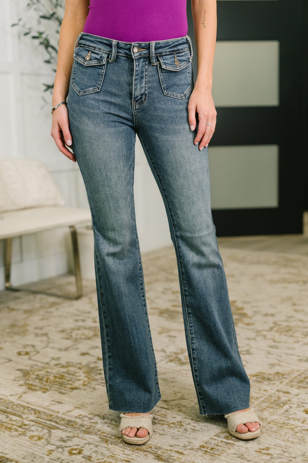 Jackie Mid Rise Flare Jean with Front Flap Pockets Womens