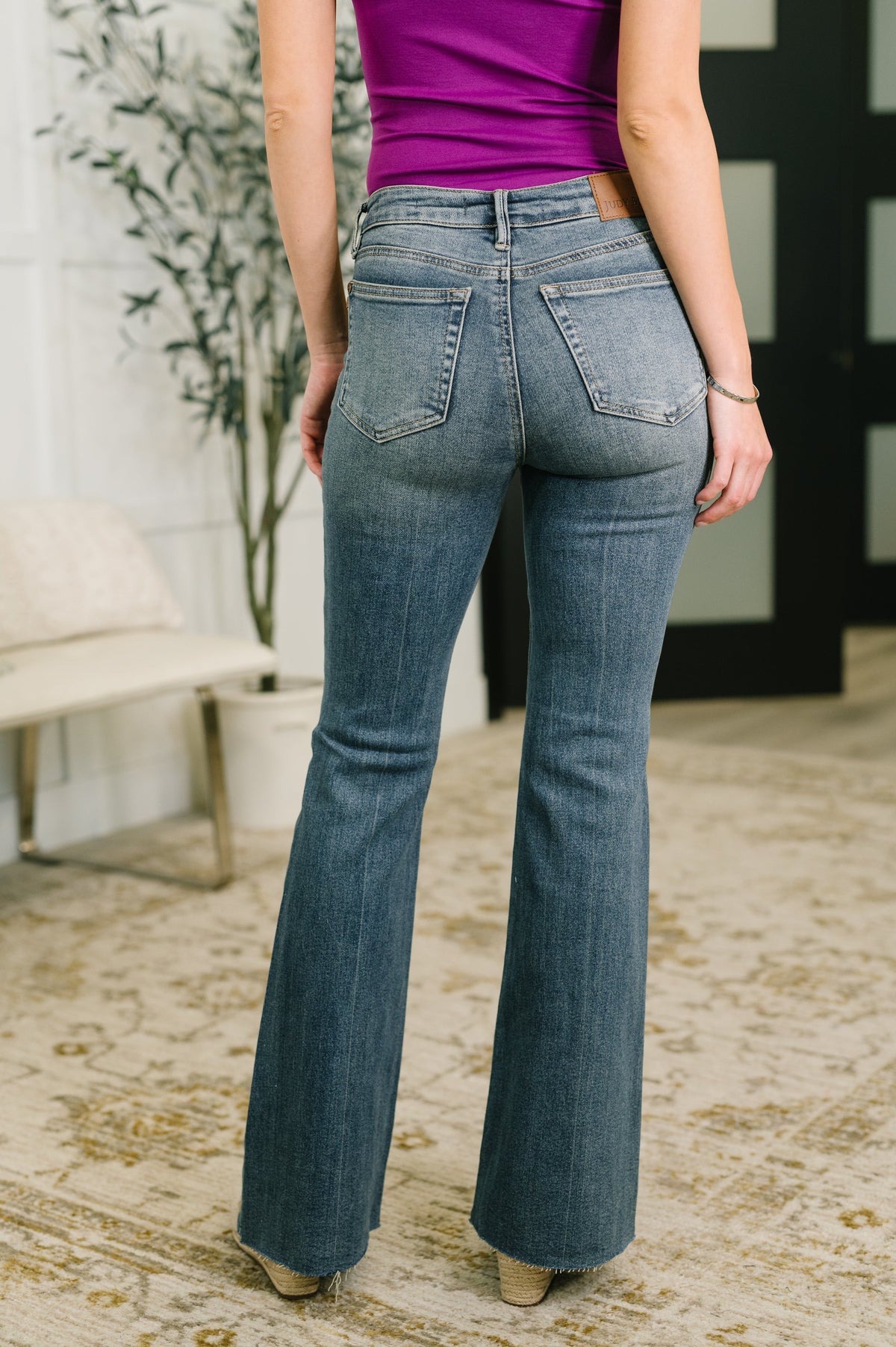 Jackie Mid Rise Flare Jean with Front Flap Pockets Womens