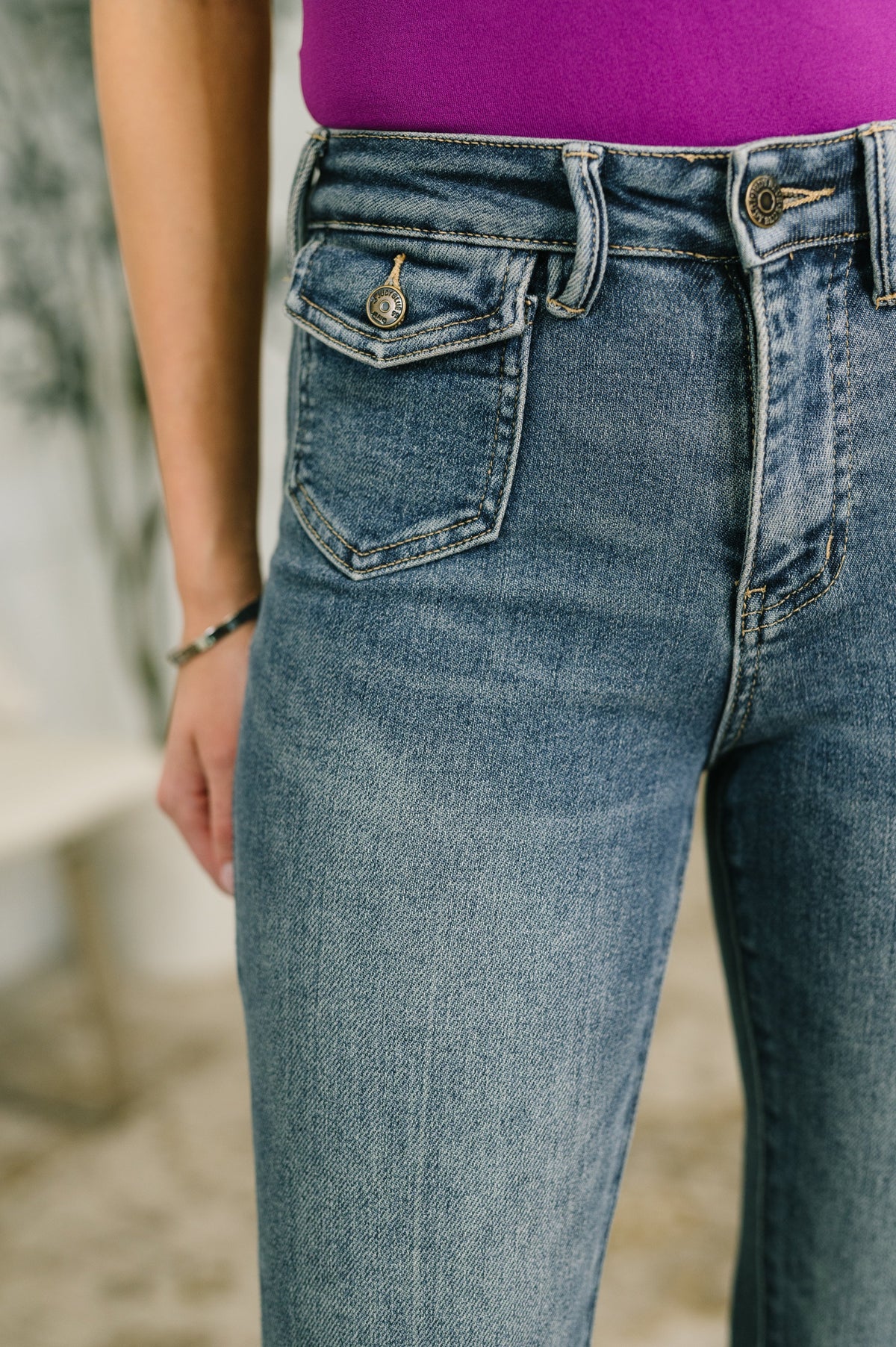 Jackie Mid Rise Flare Jean with Front Flap Pockets Womens