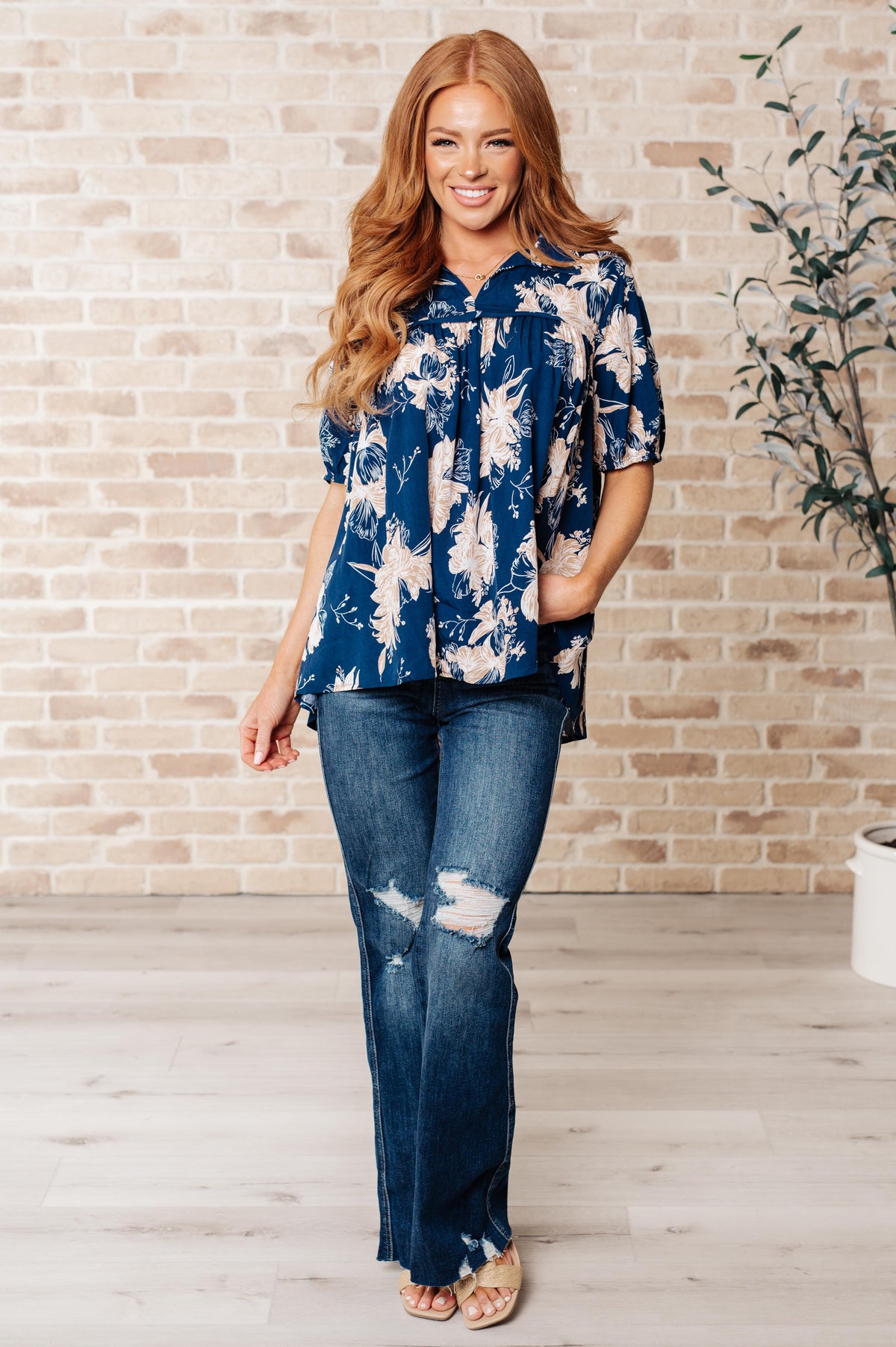 Jodifl Navy Just Coasting Floral Blouse Shirts & Tops