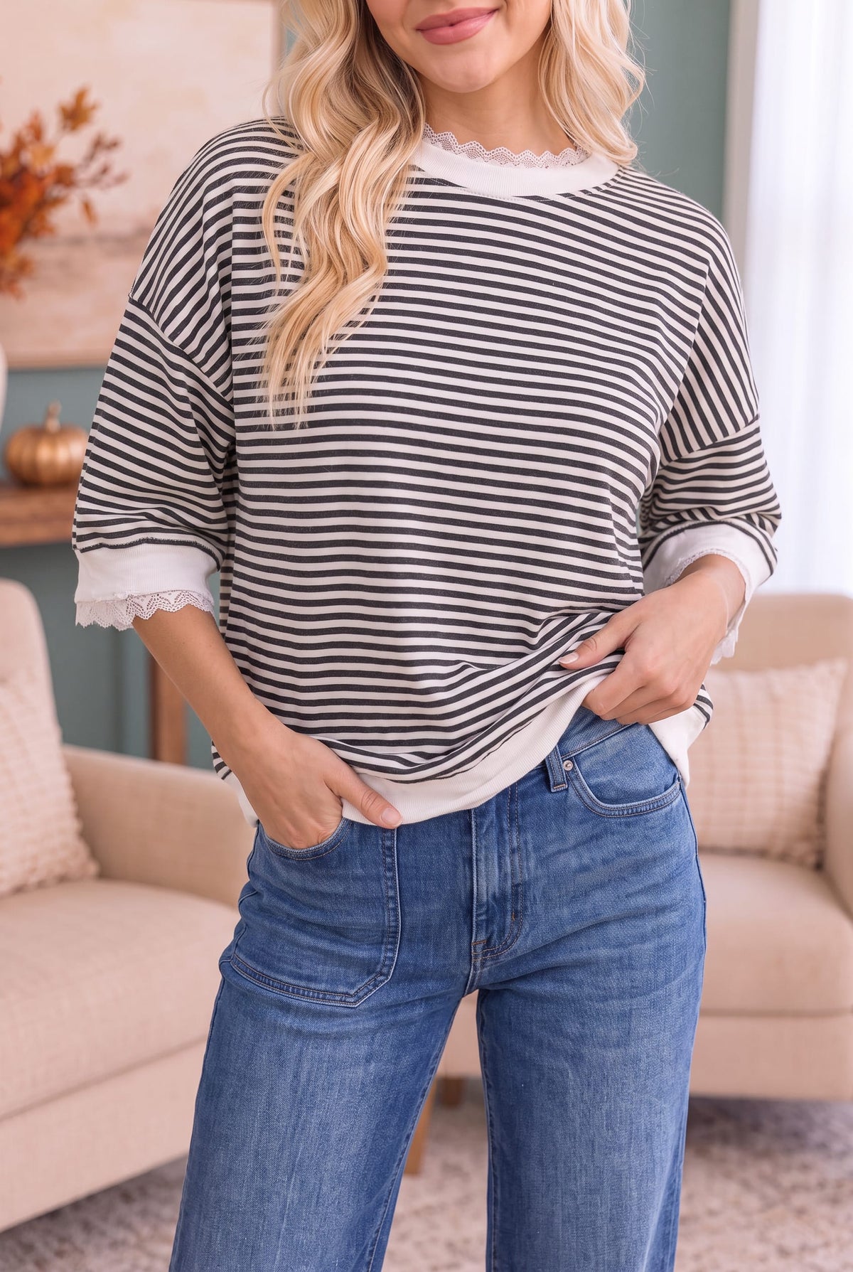 Kori Stripe It Right Lace Trim Top Tops