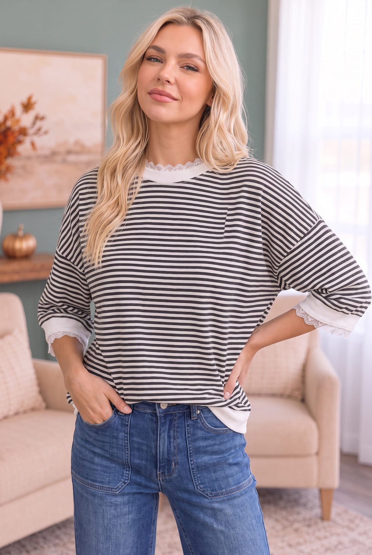 Kori Stripe It Right Lace Trim Top Tops