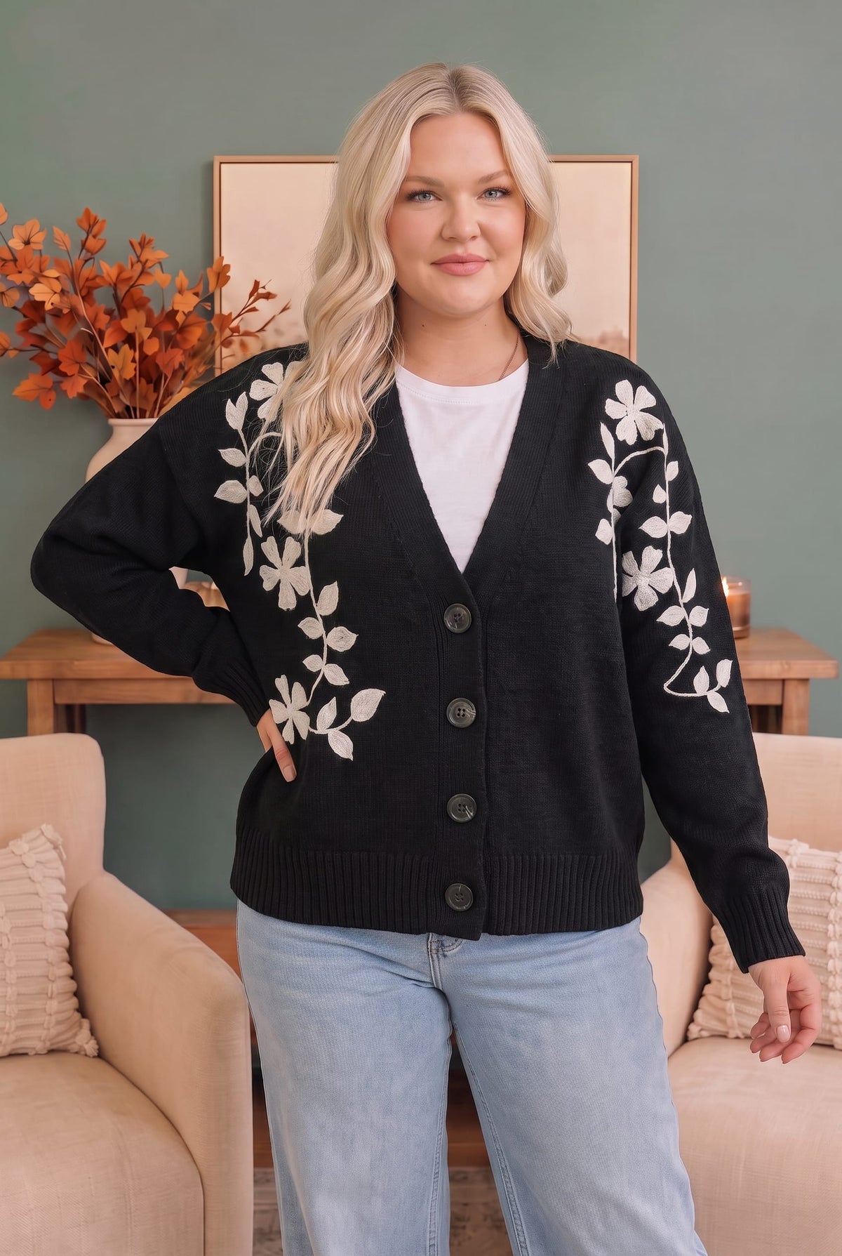 Kori Off the Vine Black Floral Embroidered Cardigan Cardigans