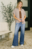 Zenana Keep Up Collared Button Down in Ash Mocha Womens