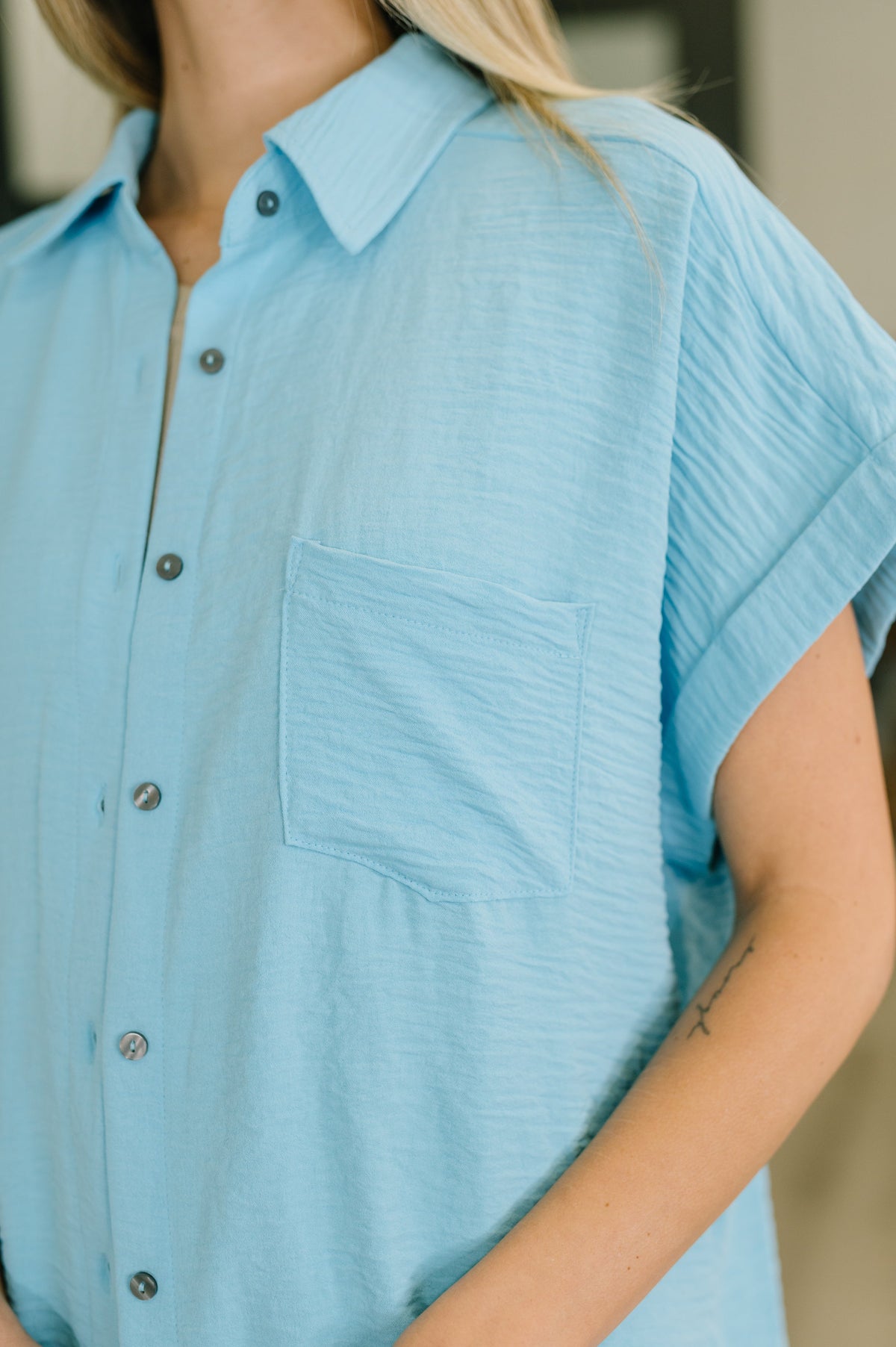 Zenana Keep Up Collared Button Down in Sky Blue Womens