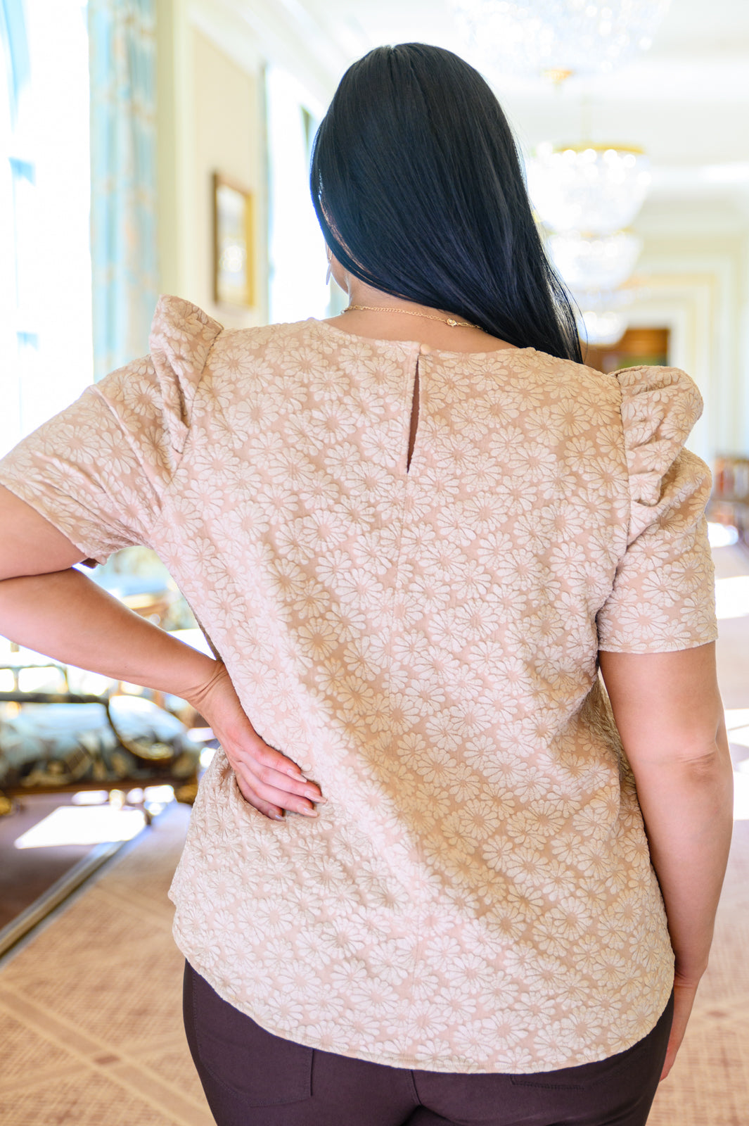 Mittoshop Kelsi Jacquard Puff Sleeve Top In Tan Womens