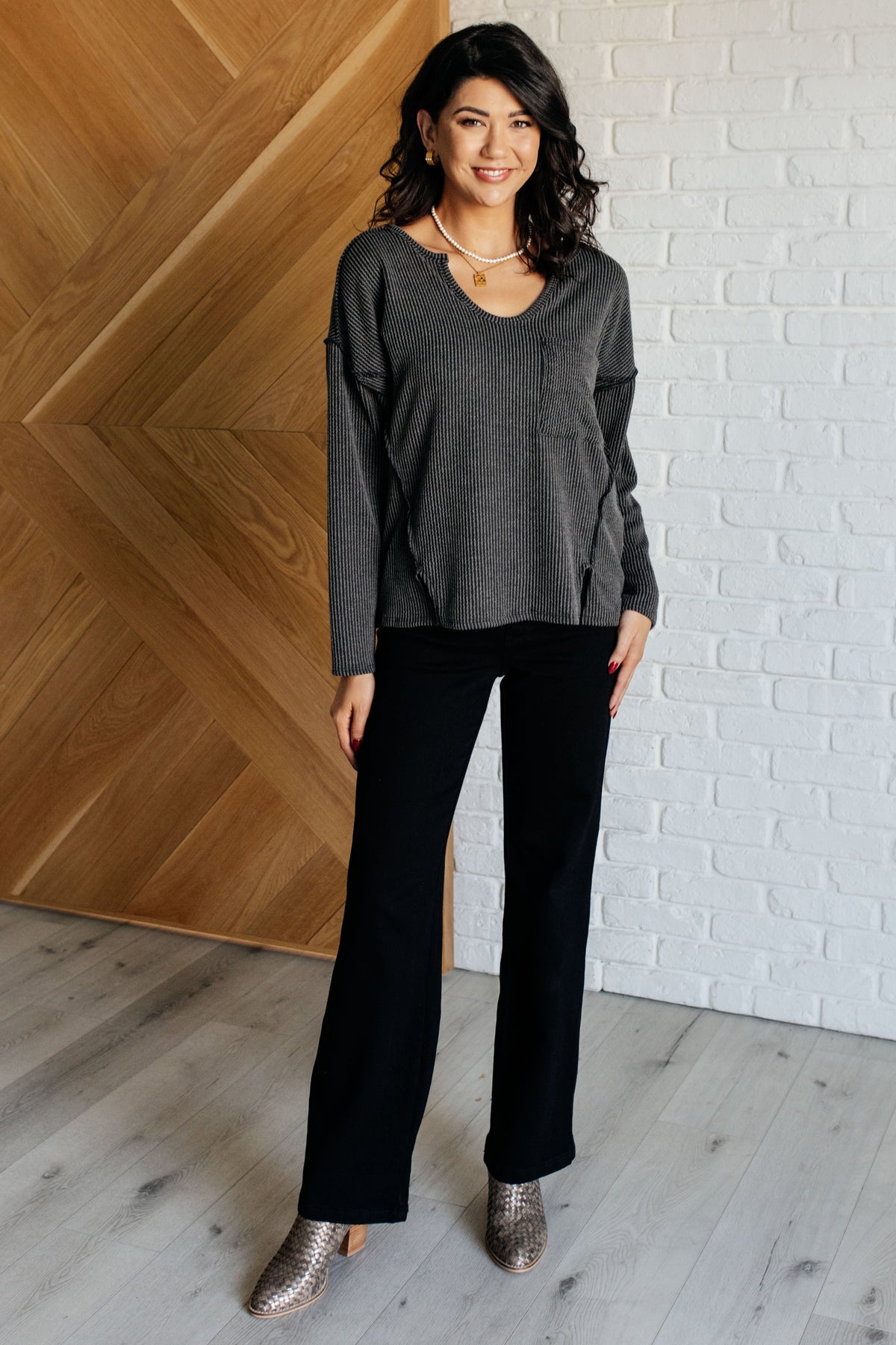 Haptics Kinda Sorta Ribbed Top in Charcoal Shirts & Tops