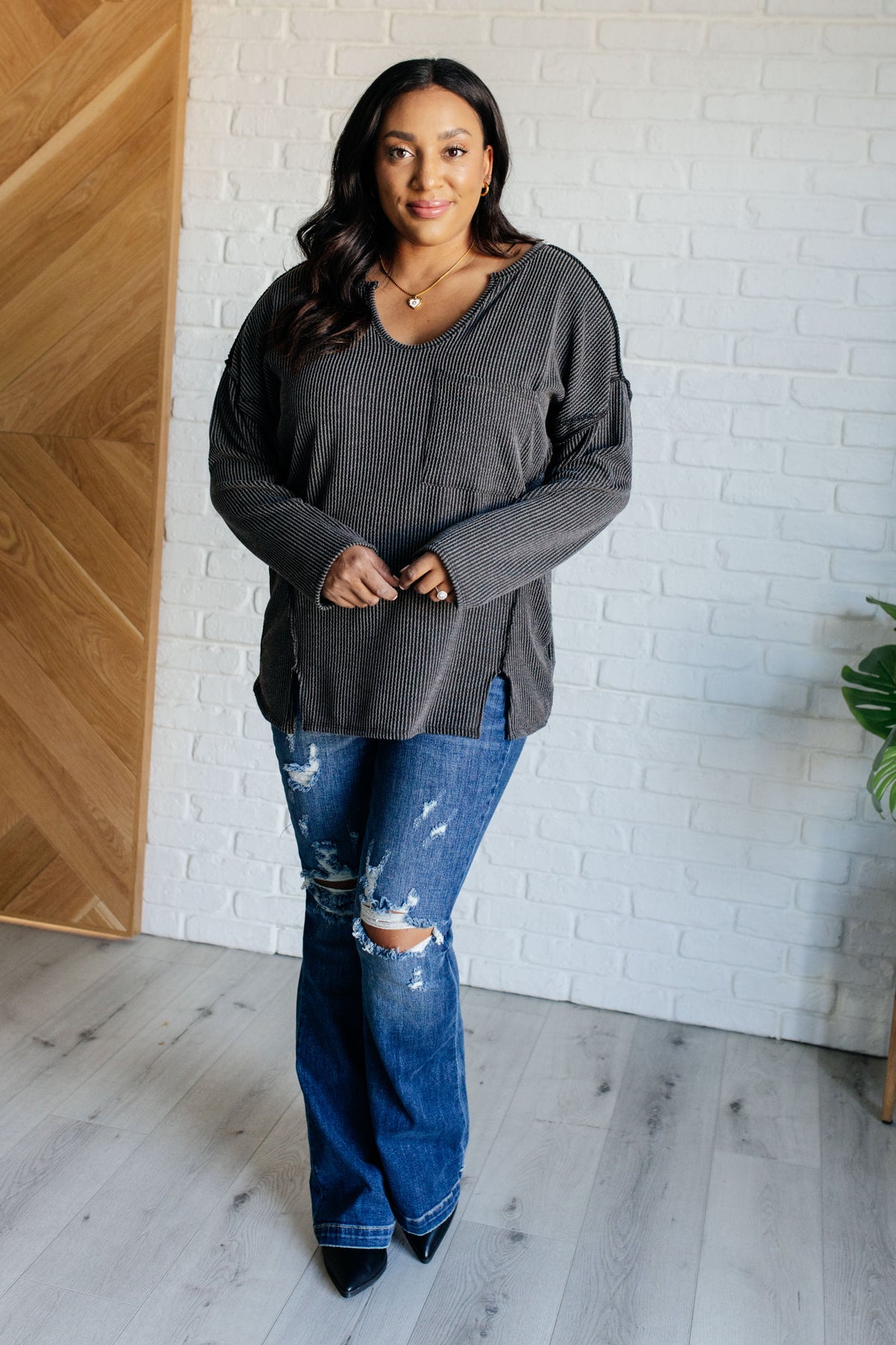 Haptics Kinda Sorta Ribbed Top in Charcoal Shirts & Tops