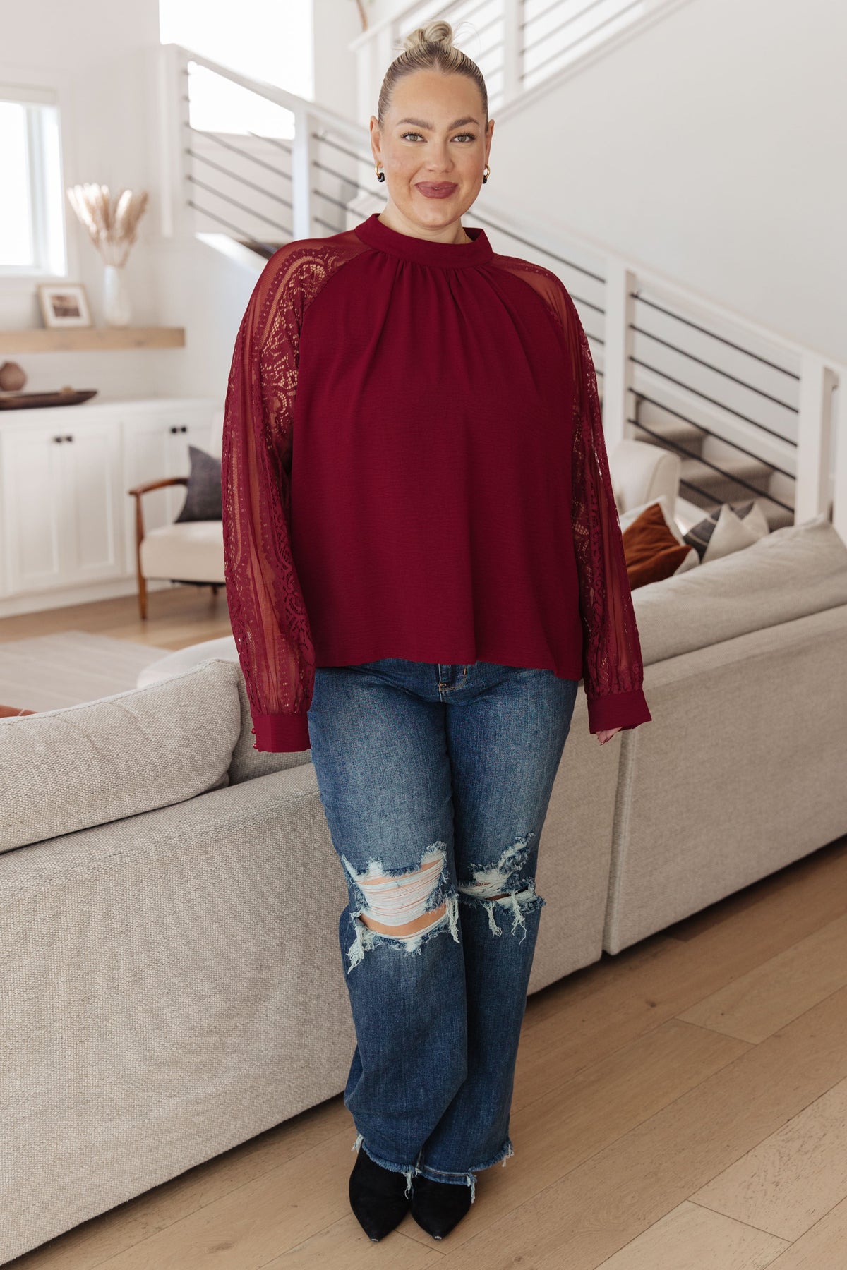 White Birch Lace on My Sleeves Blouse in Wine Tops